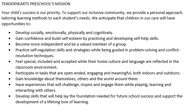 Tenderhearts Preschool's mission